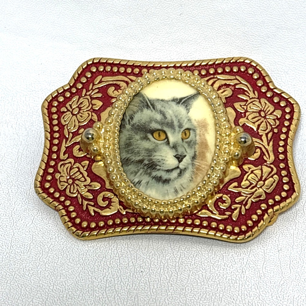 Cat Cameo Mafco Metal Belt Buckle Southwestern Style Gold Tone Floral Festival